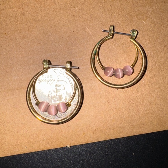 Gold Hoop Earrings with Pink Beads - Picture 2 of 4